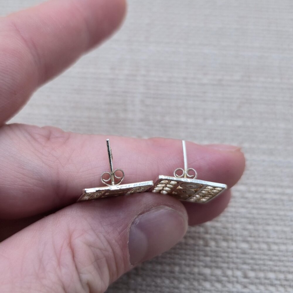 Sterling Silver Square Unique Pattern Stud Earrin… - image 3